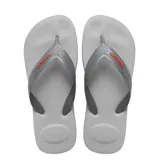 Chancletas Havaianas Top Max Comfort de color gris hielo, con tiras grises que incluyen el logo de la marca en color naranja.