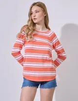 Buzo Ninety de algodón a rayas horizontales color naranja y blanco, de manga larga y cuello redondo. Tejido fino.