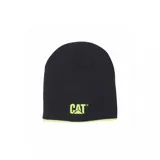 Gorro beanie Caterpillar reversible de punto, color negro con detalles en verde lima y logo bordado de la marca.