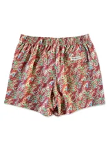 Short de baño color gris con estampado de palmeras, cintura elástica con cordón ajustable y tres bolsillos.
