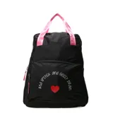 Mochila urbana negra con correas de mano en color rosa con inscripciones. Presenta un bolsillo frontal con cierre y estampa con texto y un corazón rojo.