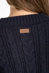 Cardigan de punto texturado con diseño de ochos, color azul marino, con escote en V, cierre frontal con botones dorados y mangas largas con puños acanalados.