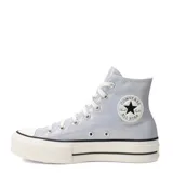 Championes de caña alta Converse Chuck Taylor All Star Lift, color plateado brillante, con plataforma blanca y cordones blancos.