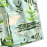 Short de baño con estampado botánico y abstracto en tonos verdes y crema sobre fondo celeste. Cuenta con cintura elástica con cordón ajustable, dos bolsillos laterales, un bolsillo trasero y malla interior hipoalergénica.