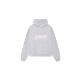 Hoodie oversize de color gris melange, con capucha, bolsillo frontal tipo canguro y estampa en el pecho con el logotipo de la marca en tono rosado.