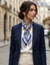 Pañuelo cuadrado de satén con estampado de arabescos en tonos blanco y azul.