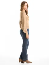 Buzo de tejido combinado marca Zac & Rachel, color beige, con cuerpo de punto acanalado y mangas con diseño calado. Presenta cuello redondo y puños ajustados.