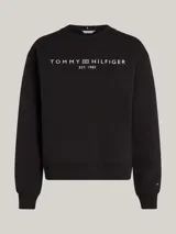Buzo negro de corte clásico con cuello redondo y logo de Tommy Hilfiger estampado en blanco en el pecho.