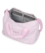 Bolso deportivo tipo duffel de la marca Jansport, color bordó, con doble asa de mano y correa ajustable para hombro. Cuenta con cierre principal, bolsillo frontal con cierre y logo de la marca aplicado.