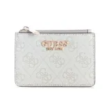 Billetera compacta Guess modelo Laurel II de color blanco, con diseño estampado del monograma de la marca, cierre superior y aplique metálico dorado con el nombre de la marca en el frente.