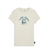 Remera de manga corta Puma con cuello redondo, color beige, con estampado gráfico frontal en tonos azulados que incluye la frase 'wealthy mindset' y una ilustración de estilo retro.