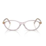 Lentes Miu Miu modelo 09X, con armazón ovalado de acetato transparente en tono rosado y detalles dorados en las bisagras.