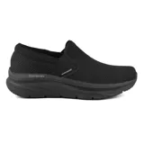 Zapatillas Skechers Relaxed Fit D'Lux Walker sin cordones, color negro, con capellada de tejido técnico, plantilla acolchada Skechers Air-Cooled Memory Foam y suela de goma flexible.