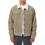 Campera de pana color beige con cuello de borrego, cierre frontal de botones, bolsillos de parche en el pecho y forro interior de borrego.