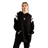 Canguro negro con capucha, corte oversize, mangas largas con franjas blancas y logo estampado en el pecho.