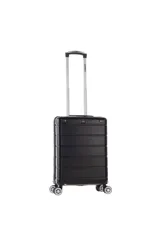 Valija carry on de cubierta rígida color negro, con ruedas dobles spinner 360 desmontables, candado incorporado y compartimiento interno con sistema de sujeción.