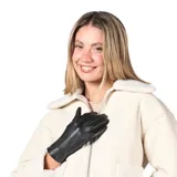 Guantes de cuero sintético en color negro con costuras decorativas en el dorso.