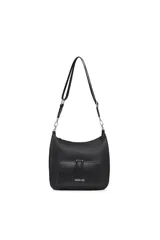Bolso tipo hobo negro de cuero texturizado con correa ajustable y desmontable. Presenta un bolsillo exterior frontal con cierre y detalle de costura contrastante, donde se lee la marca "OREIRO LOVE".