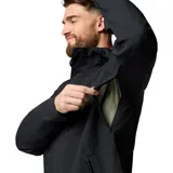 Campera impermeable y transpirable Columbia modelo Earth Explorer II Omni-Tech, de color negro, con capucha ajustable, cierre frontal con solapa, bolsillos con cremallera y puños ajustables.