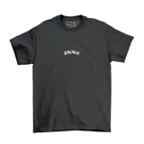 Remera de algodón color gris oscuro, con cuello redondo y mangas cortas. Presenta un diseño gráfico pequeño en el centro del pecho con el logo de la marca en estilo graffiti con contorno amarillo y relleno lila.