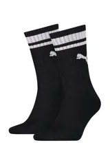 Pack de dos pares de medias negras Puma, con diseño de caña media, franjas blancas en la parte superior y el logo del felino de la marca bordado en blanco.