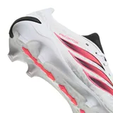 Championes de fútbol Adidas Predator League FG, color blanco con las clásicas tres tiras en fucsia y detalles en negro. Diseñados con capellada sintética texturizada y suela con tapones para terreno firme.
