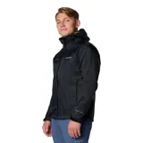 Campera cortaviento Columbia con tecnología impermeable y transpirable, capucha integrada, cierre frontal, ventilación en axilas y puños ajustables.