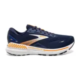 Championes de running Brooks Adrenaline GTS 23, color azul marino con detalles en naranja y blanco.