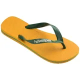 Chancletas Havaianas modelo Brasil Logo, de color blanco, con tiras que incluyen la bandera de Brasil y el nombre de la marca en relieve.