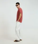 Remera de hombre color terracota, corte regular, cuello redondo y manga corta. Presenta un pequeño bordado de una palmera en el lado izquierdo del pecho.