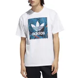 Remera de manga corta Adidas con cuello redondo, color blanco, con un estampado gráfico central que combina el logo del trébol con un diseño de hojas en tonos azules y detalles en naranja.