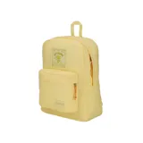 Mochila JanSport Superbreak Plus FX color amarillo con estampado de flor y texto.