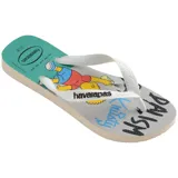 Ojotas Havaianas con diseño estampado de Los Simpson, con tiras blancas y base en color turquesa y gris.
