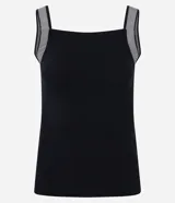 Musculosa negra de poliéster, viscosa y elastano, con escote cuadrado y tirantes anchos a rayas horizontales blancas y grises.