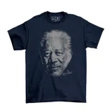 Remera de algodón color azul marino con estampado frontal en escala de grises que representa el rostro del actor Morgan Freeman.