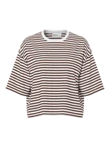 Remera de manga corta con diseño boxy, con estampado de rayas horizontales en color celeste y blanco.