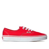 Championes Vans Authentic rojos con cordones blancos y suela blanca de goma.