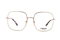 Armazón de anteojos Lancel modelo 90069, con marco metálico de color dorado y diseño cuadrado de gran tamaño. Las patillas presentan un detalle estampado tipo carey en los extremos.