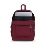 Mochila Jansport color borgoña, con un compartimento principal, bolsillo frontal con cierre, bolsillo lateral para botella de agua y sobre interno acolchado para laptop de 15 pulgadas.