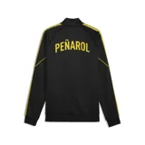Campera deportiva Puma modelo CAP King Jacket, color negro con detalles en amarillo. Posee cierre frontal, cuello alto y franjas laterales estampadas en las mangas.