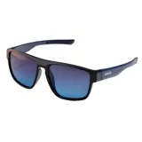 Lentes de sol MDQ Kumu, con armazón negro mate, patillas azules con logo de la marca y cristales espejados en tonos azul y violeta.