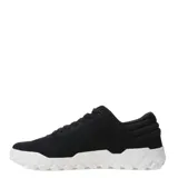 Zapatos Caterpillar modelo Hex, color negro, estilo casual de caña baja con cordones. La capellada es de gamuza y la suela es gruesa de goma blanca con textura de panal de abeja.