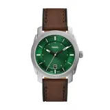 Reloj Fossil Machine con caja plateada de acero inoxidable, esfera verde con indicador de fecha y correa de cuero marrón.