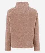 Campera bomber de mujer confeccionada en tejido sherpa color rosa viejo, con cuello alto, cierre frontal con cremallera y detalles de paneles lisos contrastantes en el pecho.