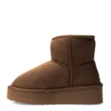 Botas de mujer tipo pantubota con plataforma, marca Miss Carol modelo Uma. Confeccionadas en material sintético de color tan, presentan un diseño de caña baja con costuras decorativas y suela de goma gruesa al tono.