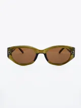 Lentes de sol con montura rectangular color verde oliva y lentes marrones.