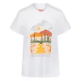 Remera blanca de manga corta con estampado frontal de paisaje desértico, cactus y sol, con la frase 'Take the Scenic Route'.