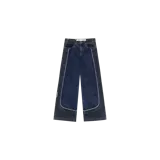 Pantalón de mezclilla Eme Studios estilo cargo en dos tonos de azul, con paneles laterales y ribetes blancos.