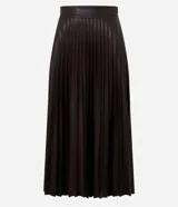Falda midi marrón de cuero sintético con cintura sastre y textura plisada.