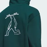 Canguro Adidas Gonz Graph de color verde oscuro, con capucha y bolsillo canguro delantero. Presenta un pequeño parche con el logo de la marca en el pecho y un estampado gráfico lineal en la espalda.